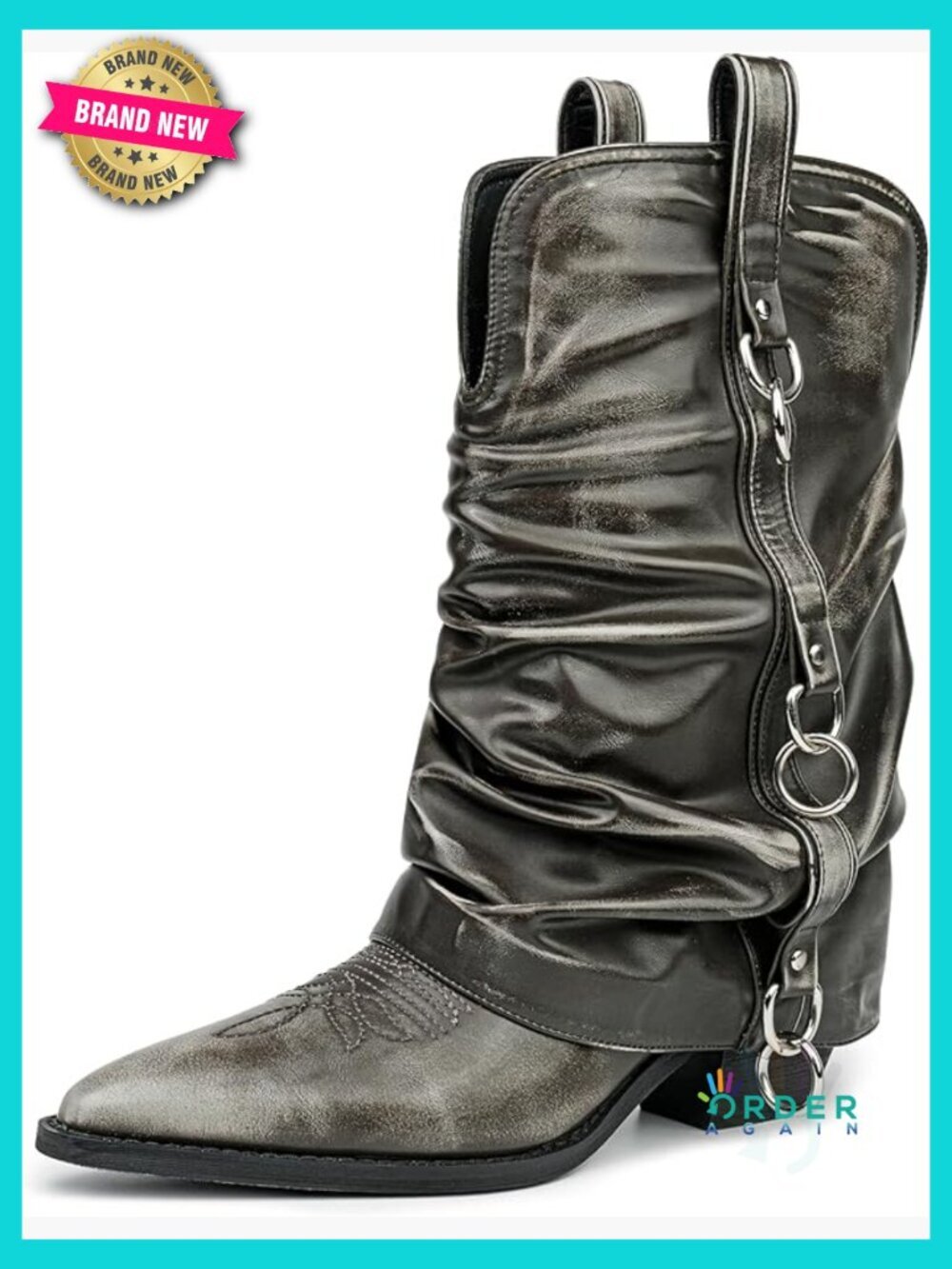 Slouchy Cowgirl Boots with Distressed Finish Pointed Toe Chunky Heel Western